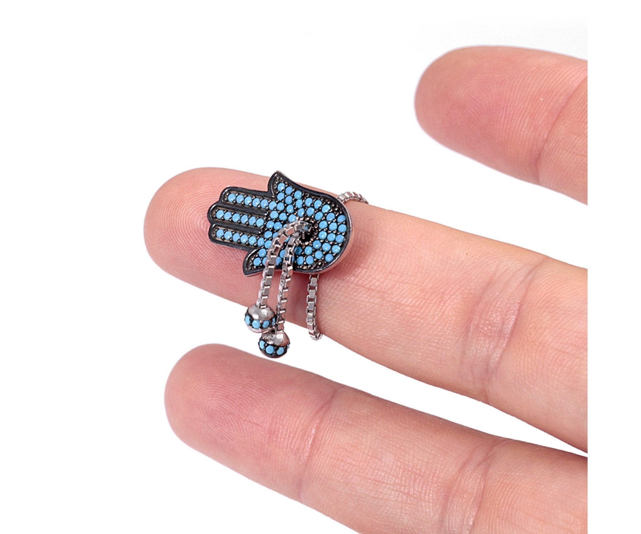 Hamsa Hand Ring with Nana Turquoise Stones - JEWISHJOY.co