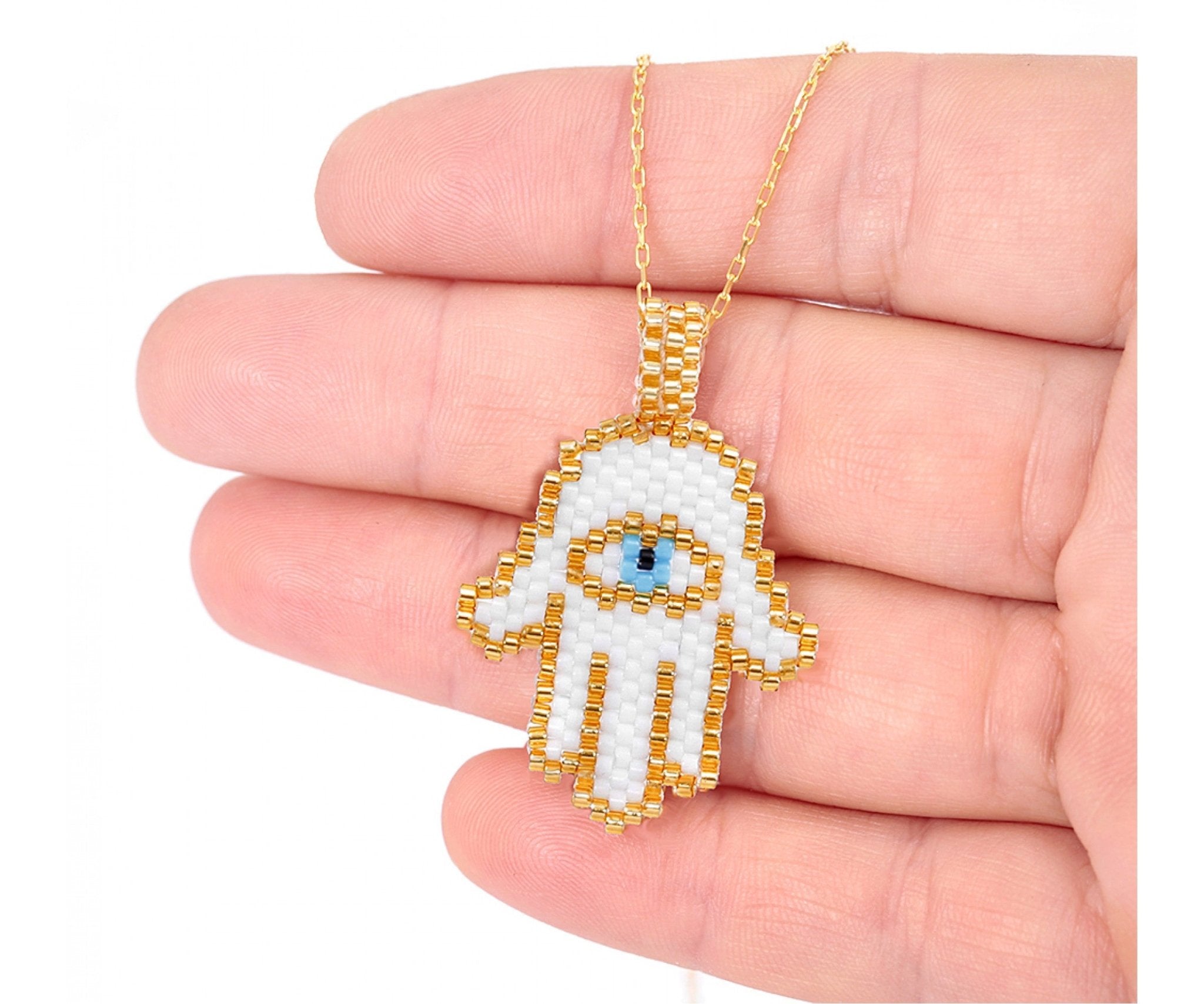 Hamsa Necklace with Seed Beads - JEWISHJOY.co