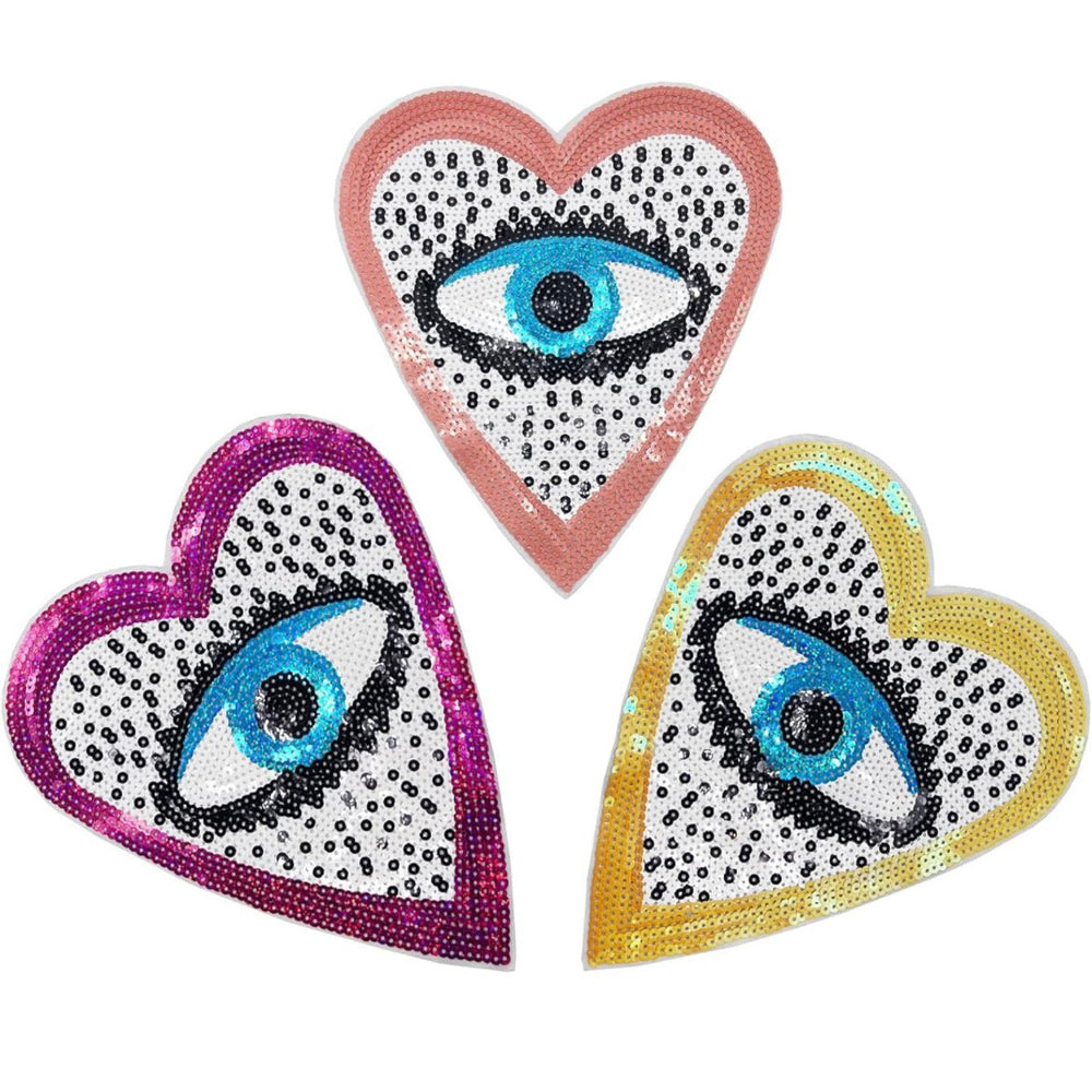 Sequin Heart Evil Eye Embroidered Patches - JEWISHJOY.co