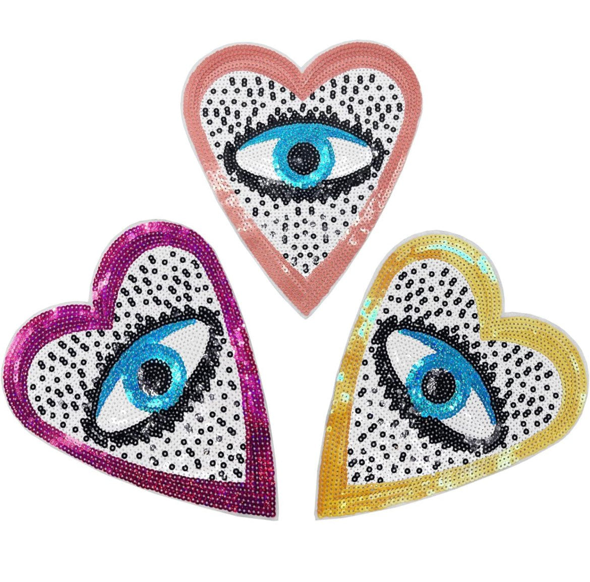 Sequin Heart Evil Eye Embroidered Patches - JEWISHJOY.co