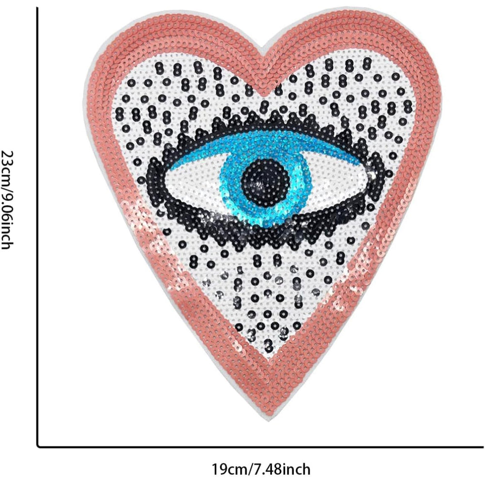 Sequin Heart Evil Eye Embroidered Patches - JEWISHJOY.co