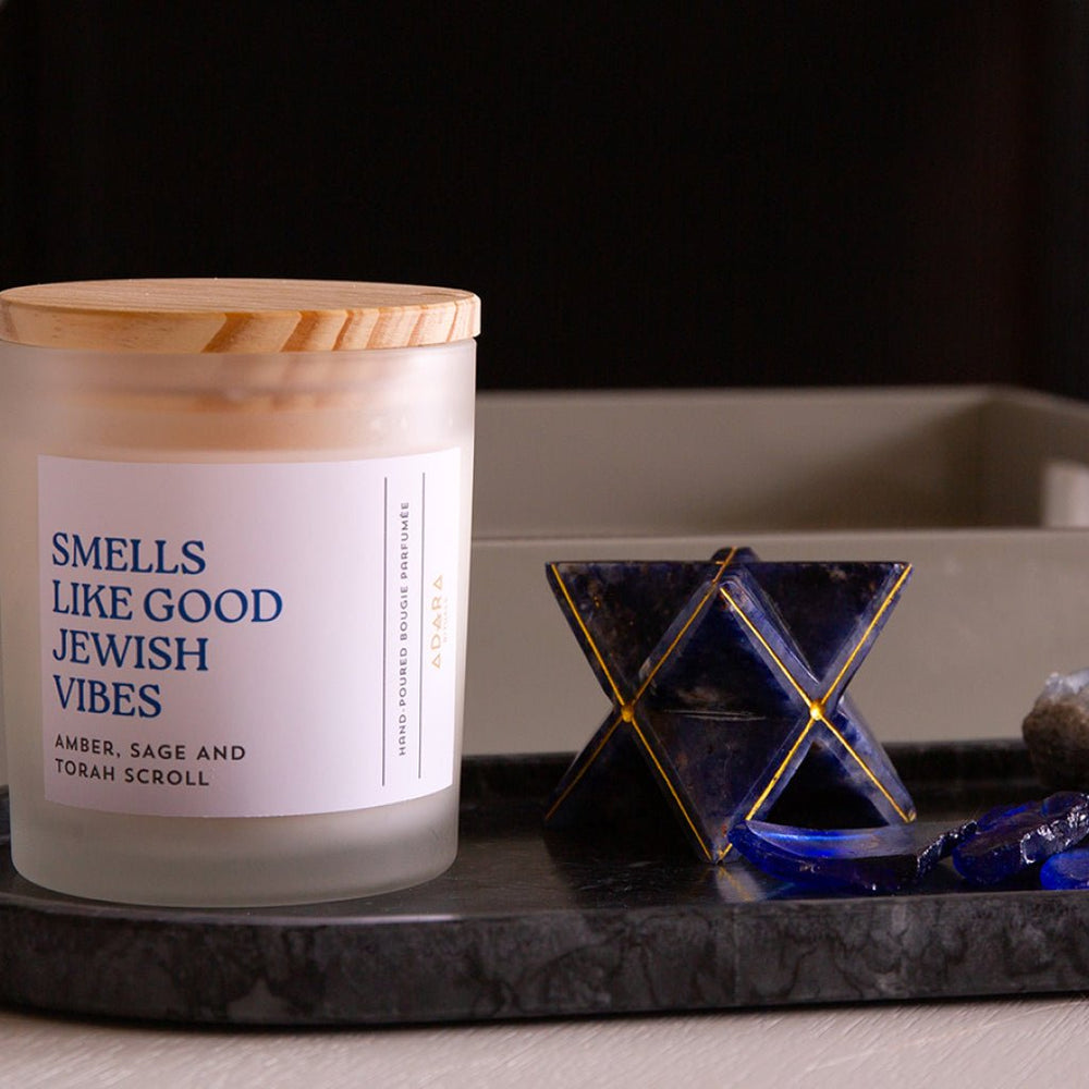 Smells Like Good Jewish Vibes - Amber, Sage & Torah Scroll Scented Candle - JEWISHJOY.co